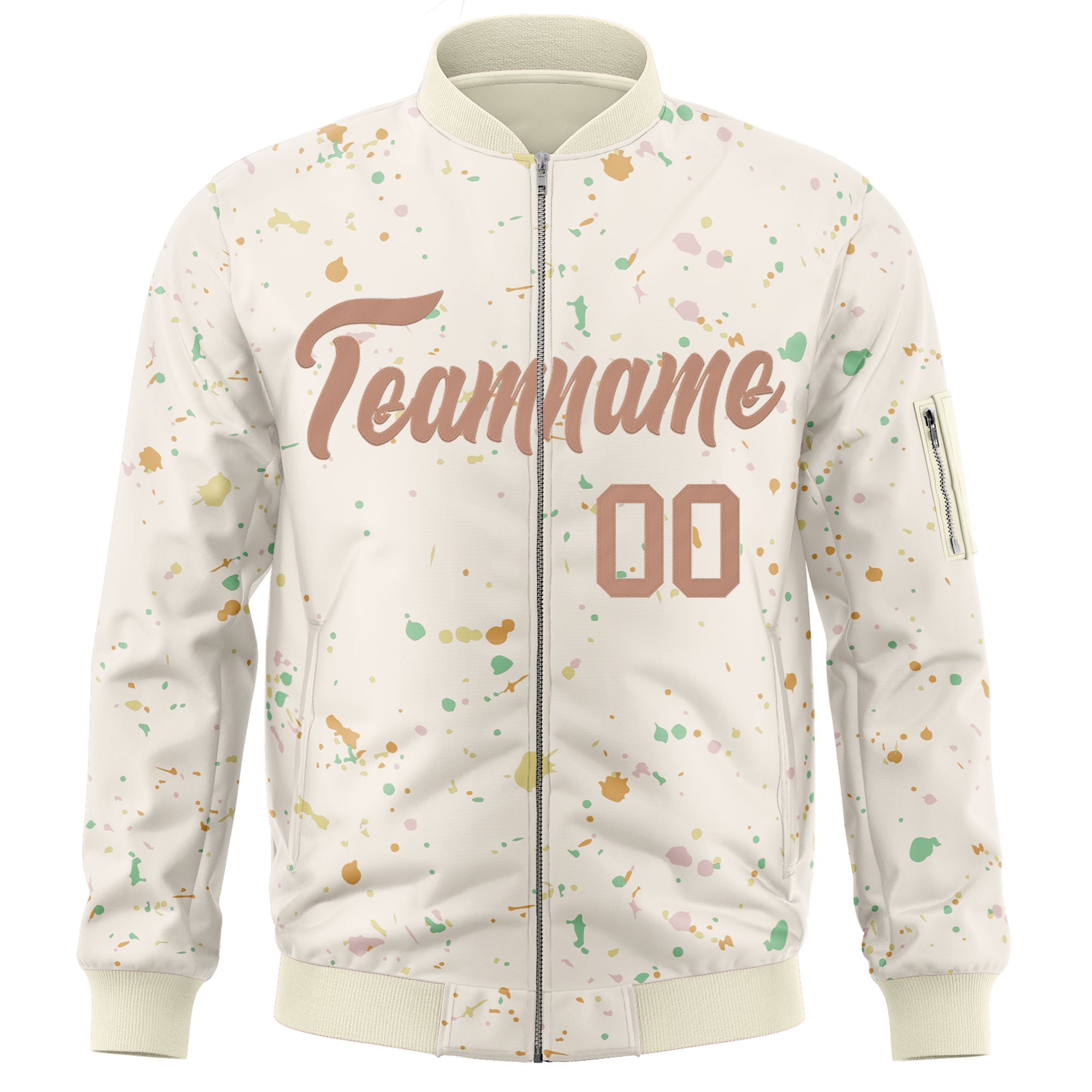 Custom Cream Brown Varsity Full-Zip Splash Graffiti Pattern Letterman Jacket