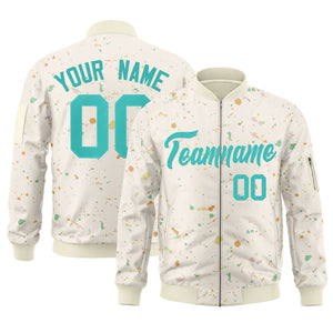 Custom Cream Aqua Varsity Full-Zip Splash Graffiti Pattern Letterman Jacket