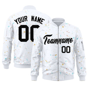 Custom White Black Varsity Full-Zip Splash Graffiti Pattern Letterman Jacket