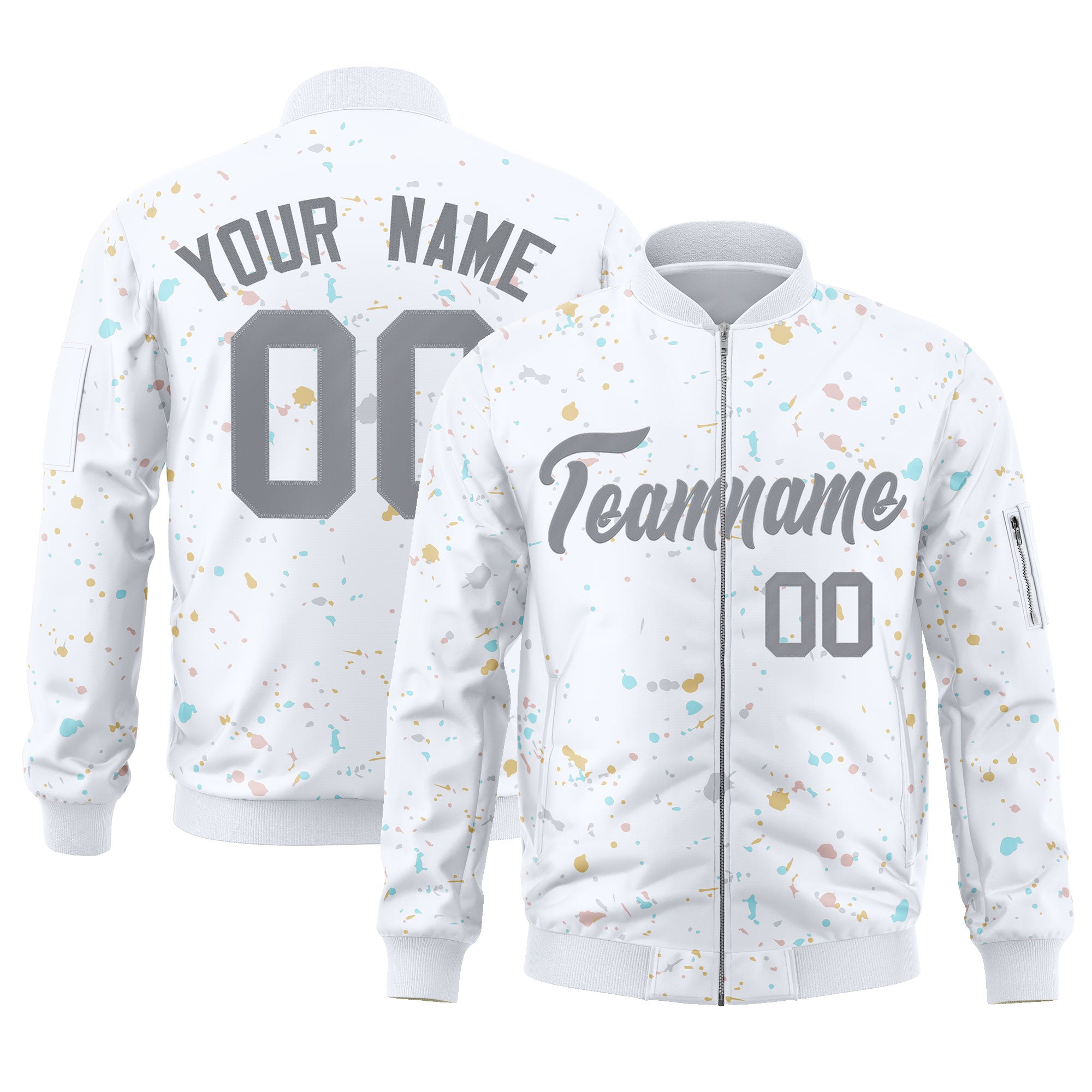 Custom White Gray Varsity Full-Zip Splash Graffiti Pattern Letterman Jacket