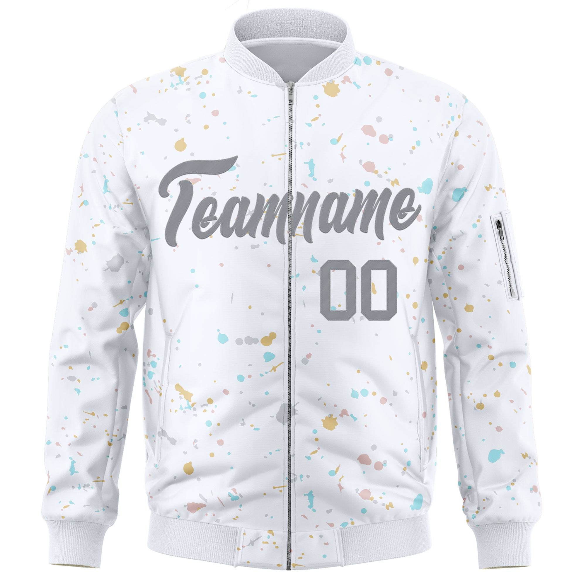 Custom White Gray Varsity Full-Zip Splash Graffiti Pattern Letterman Jacket