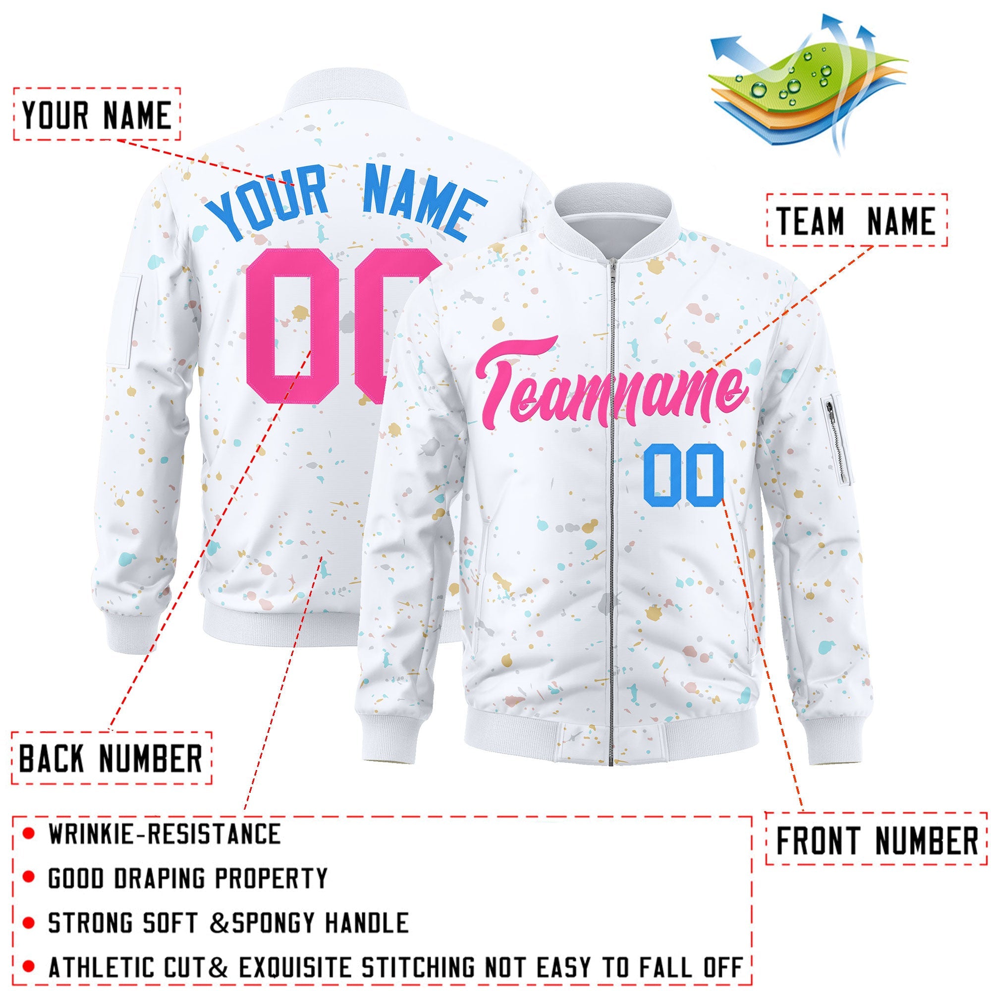 Custom White Pink Varsity Full-Zip Splash Graffiti Pattern Letterman Jacket