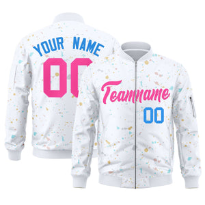 Custom White Pink Varsity Full-Zip Splash Graffiti Pattern Letterman Jacket