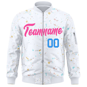 Custom White Pink Varsity Full-Zip Splash Graffiti Pattern Letterman Jacket