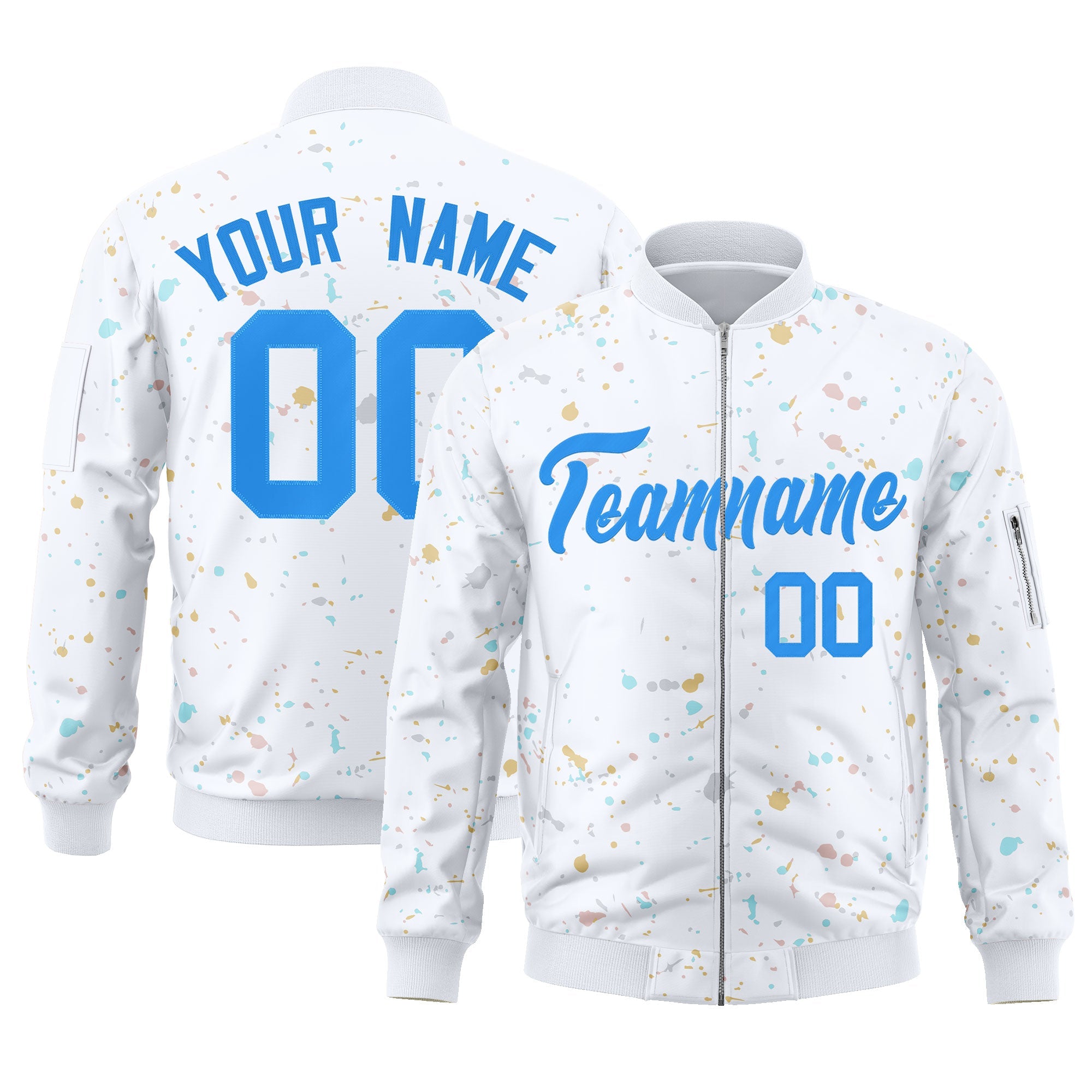 Custom White Powder Blue Varsity Full-Zip Splash Graffiti Pattern Letterman Jacket