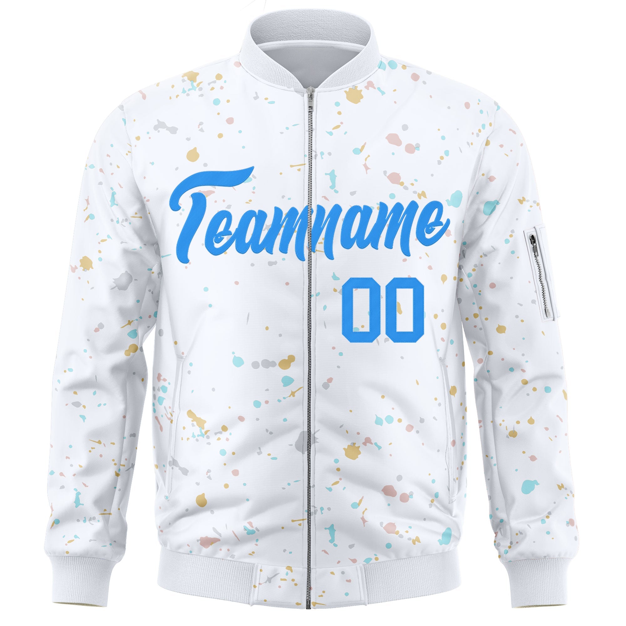 Custom White Powder Blue Varsity Full-Zip Splash Graffiti Pattern Letterman Jacket