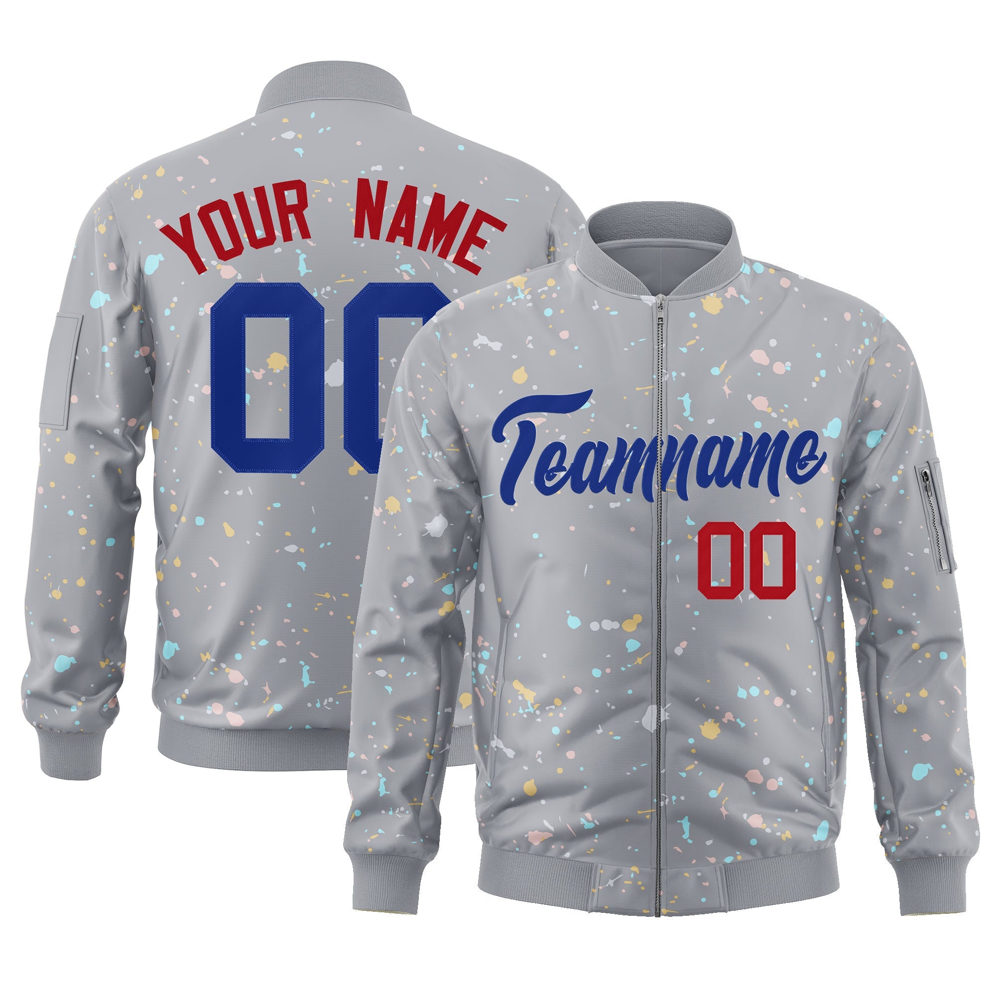 Custom Gray Royal Varsity Full-Zip Splash Graffiti Pattern Letterman Jacket