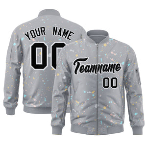 Custom Gray Black-White Varsity Full-Zip Splash Graffiti Pattern Letterman Jacket