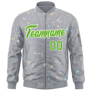 Custom Gray Green-White Varsity Full-Zip Splash Graffiti Pattern Letterman Jacket