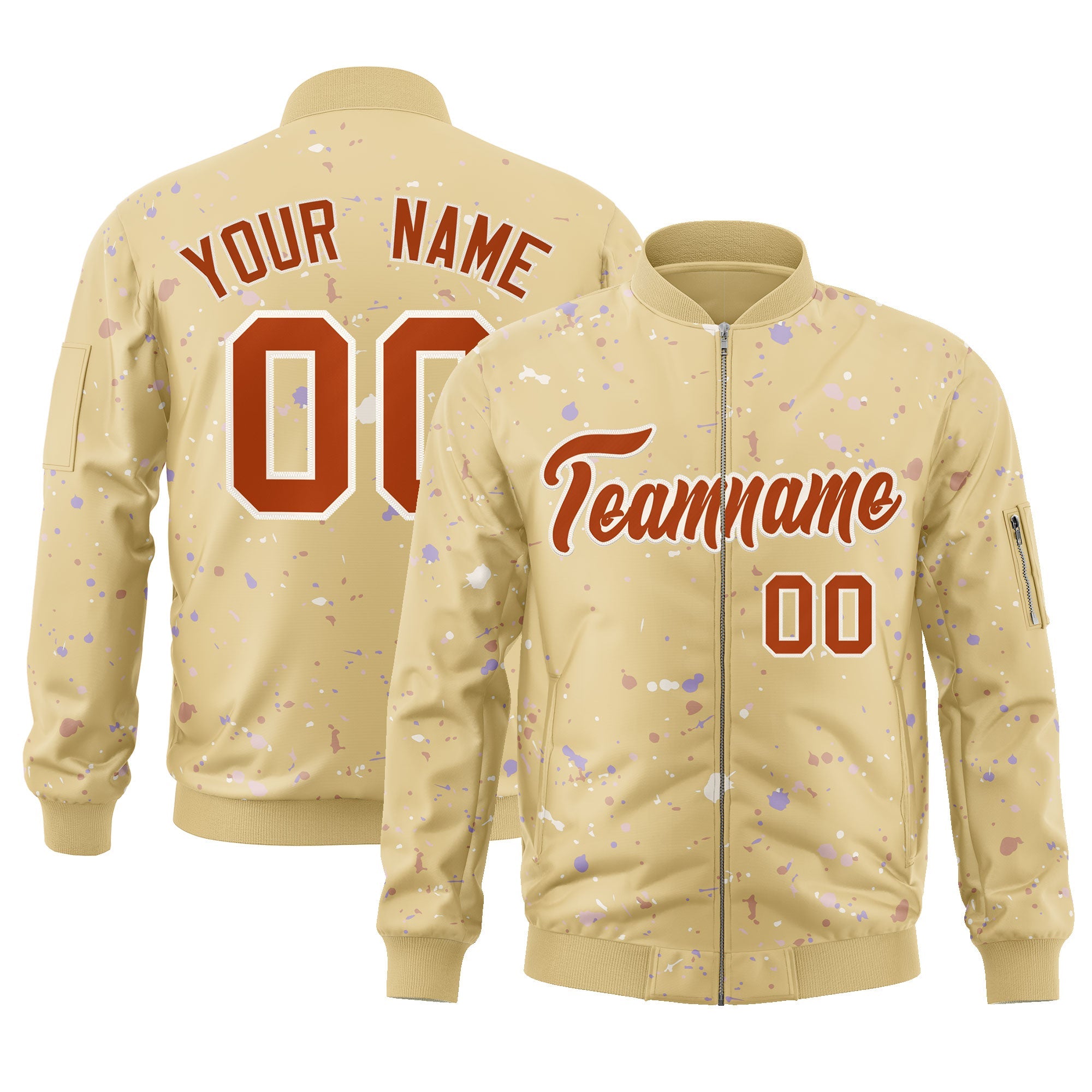 Custom Khaki Orange-White Varsity Full-Zip Splash Graffiti Pattern Letterman Jacket