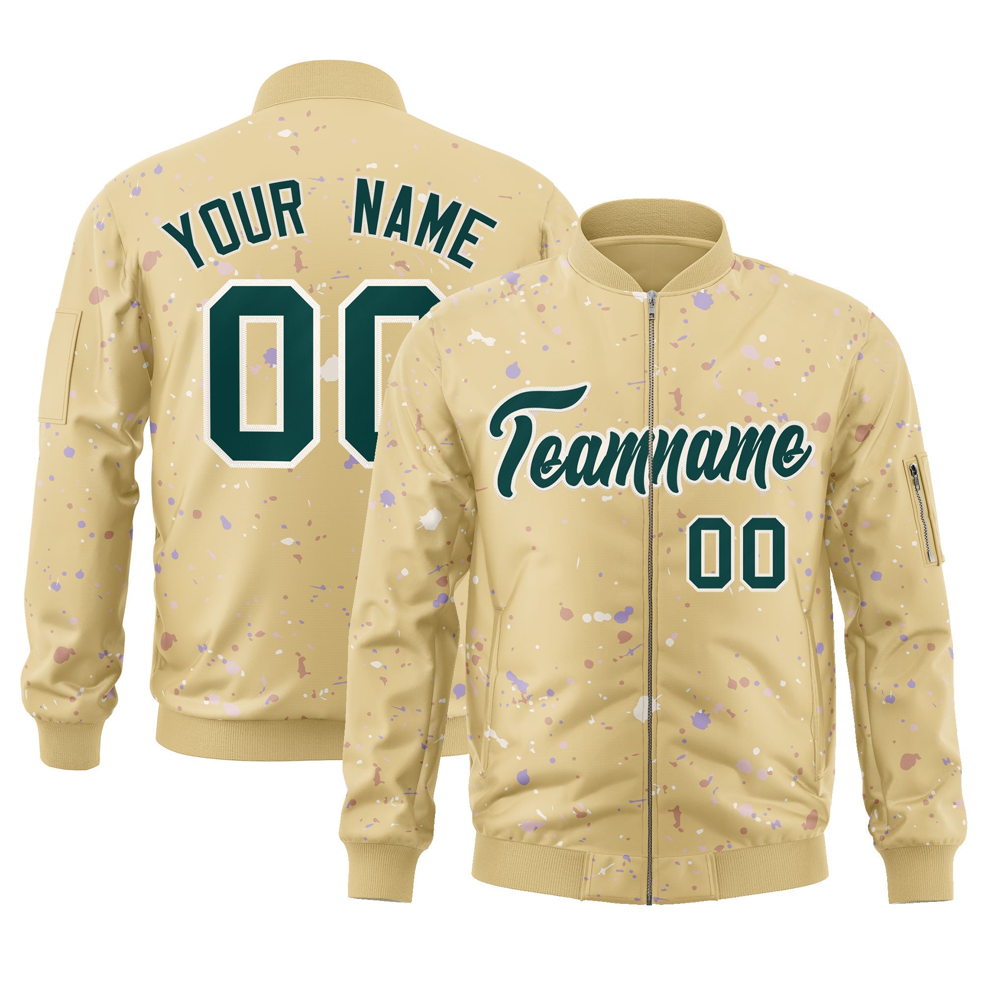 Custom Khaki Midnight Green-White Varsity Full-Zip Splash Graffiti Pattern Letterman Jacket