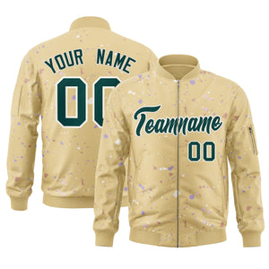 Custom Khaki Midnight Green-White Varsity Full-Zip Splash Graffiti Pattern Letterman Jacket