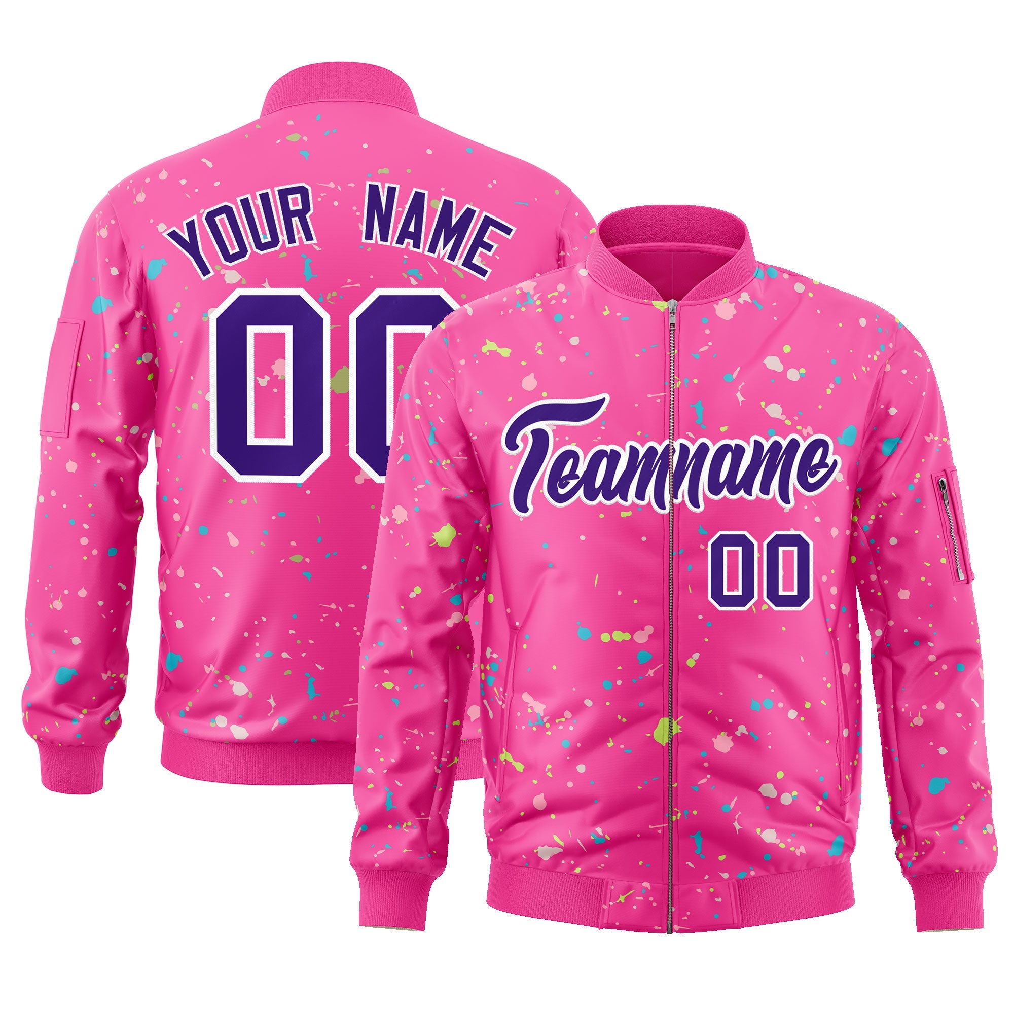 Custom Pink Purple-White Varsity Full-Zip Splash Graffiti Pattern Letterman Jacket