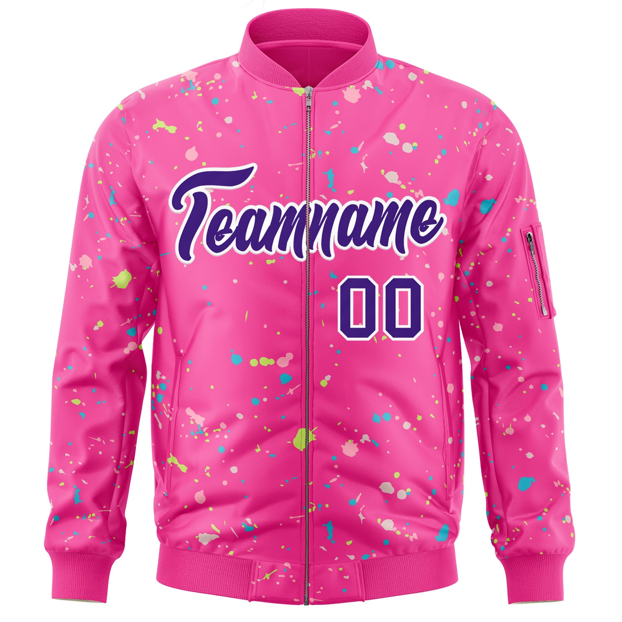 Custom Pink Purple-White Varsity Full-Zip Splash Graffiti Pattern Letterman Jacket