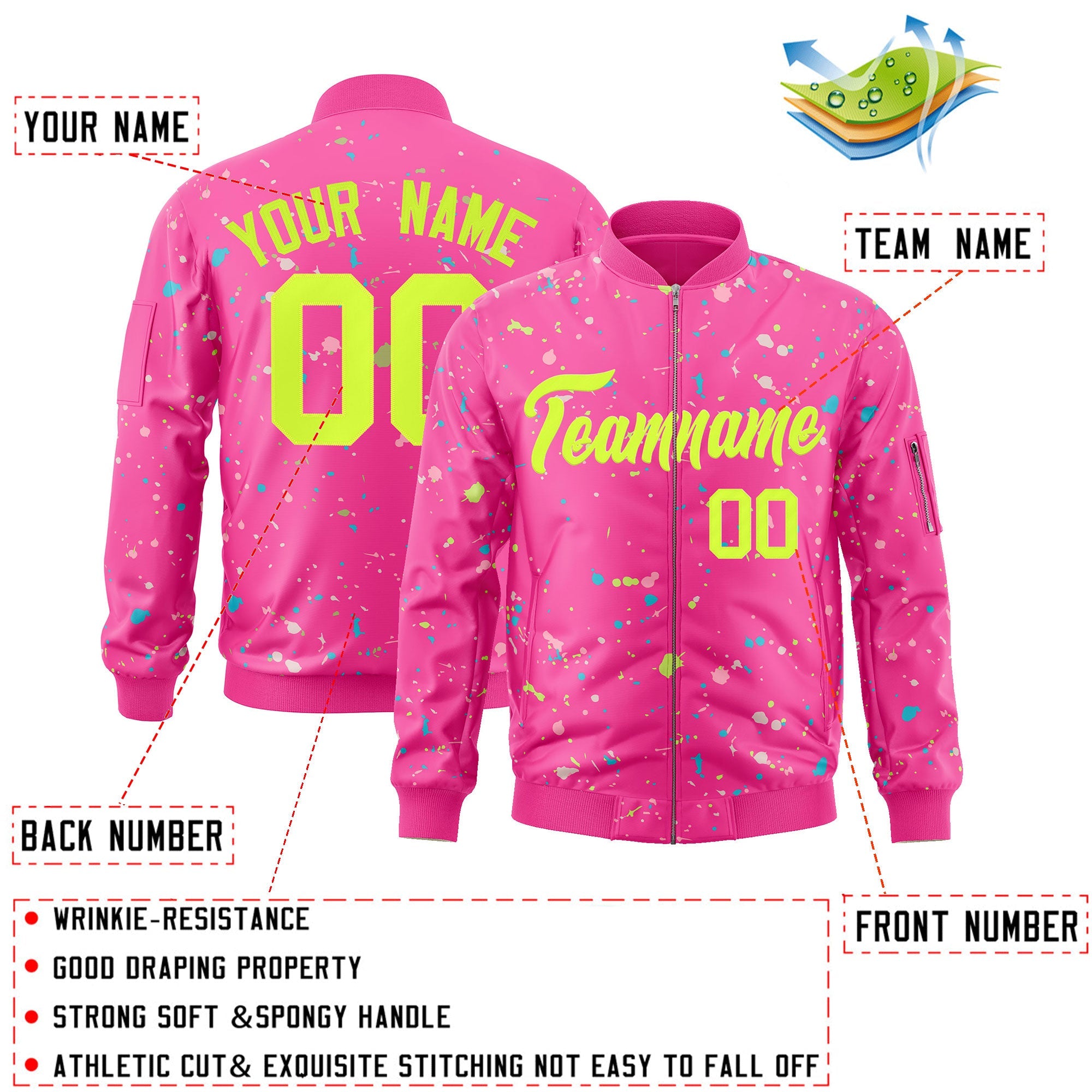 Custom Pink Neon Green Varsity Full-Zip Splash Graffiti Pattern Letterman Jacket