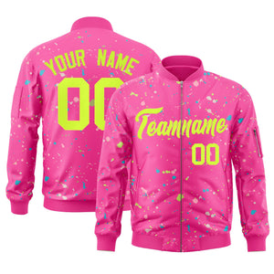 Custom Pink Neon Green Varsity Full-Zip Splash Graffiti Pattern Letterman Jacket