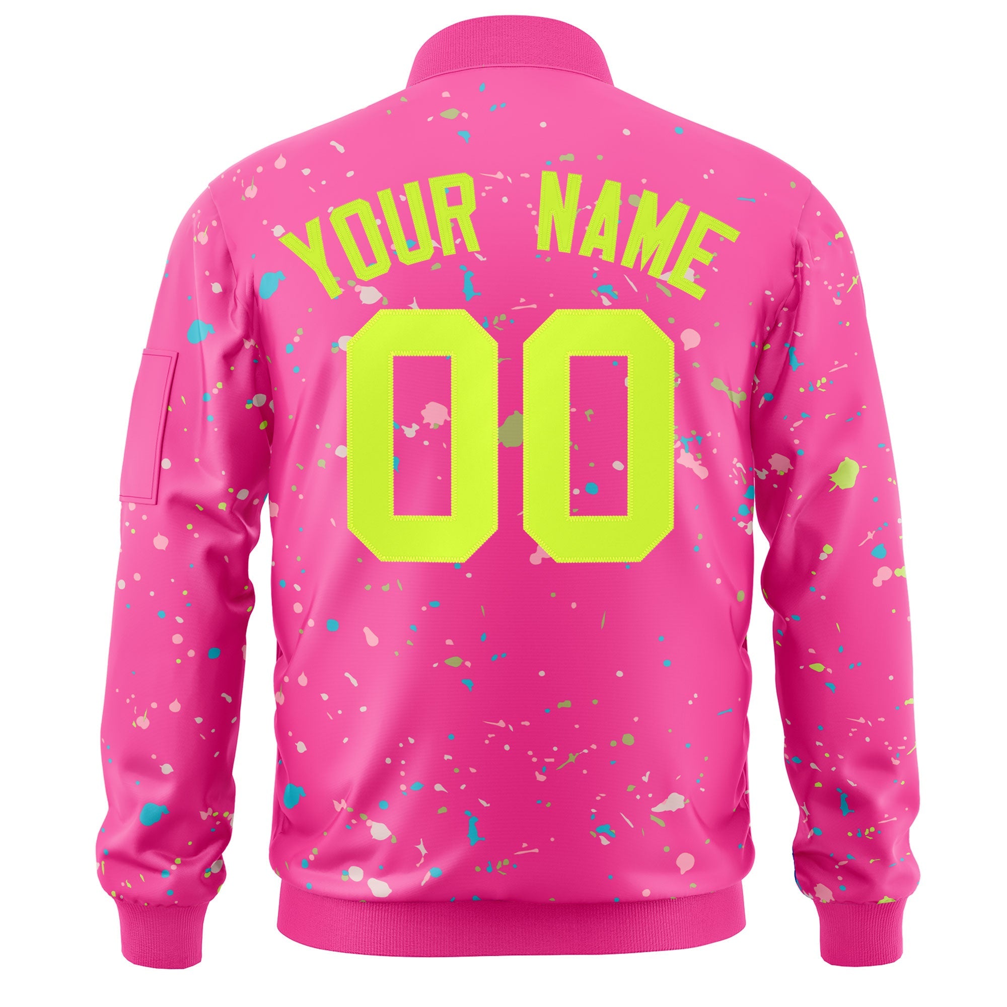 Custom Pink Neon Green Varsity Full-Zip Splash Graffiti Pattern Letterman Jacket