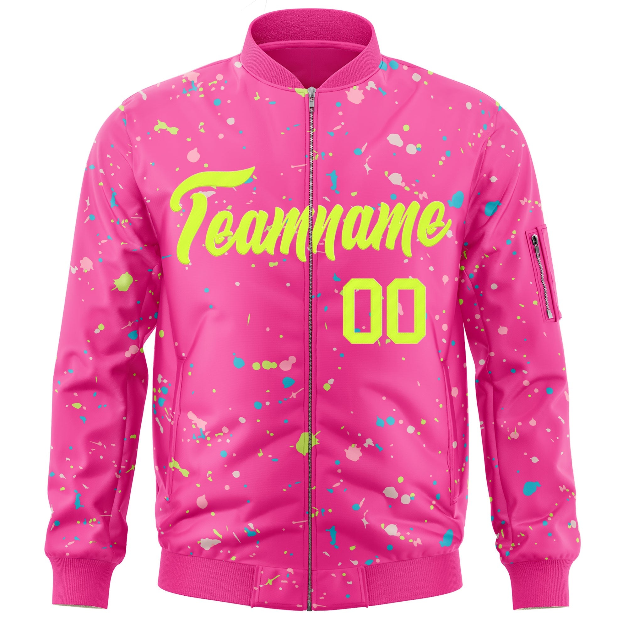 Custom Pink Neon Green Varsity Full-Zip Splash Graffiti Pattern Letterman Jacket