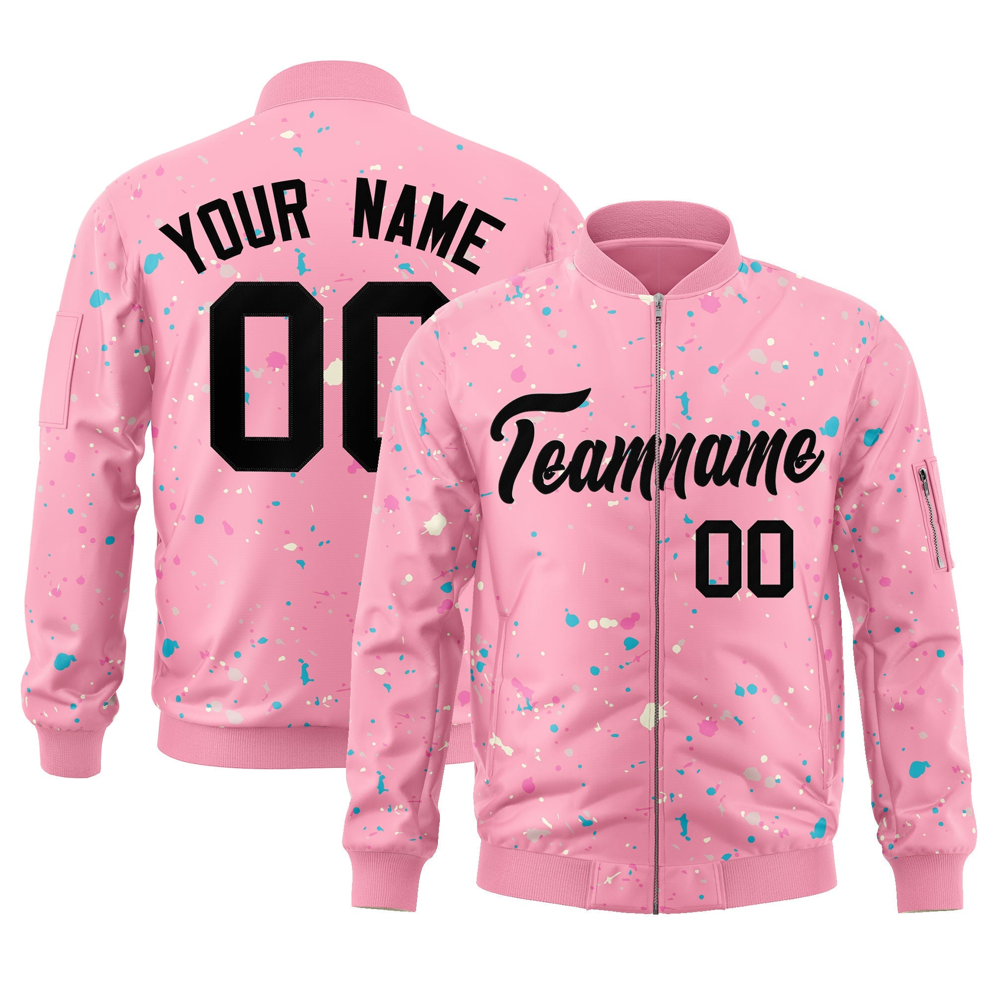 Custom Pink Black Varsity Full-Zip Splash Graffiti Pattern Letterman Jacket