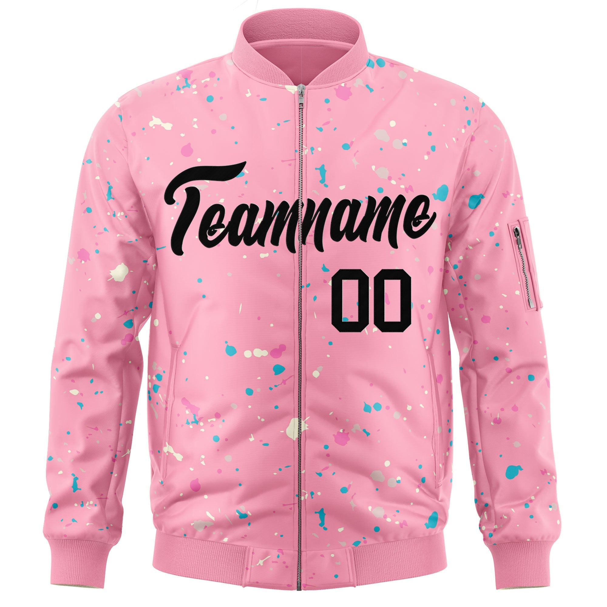 Custom Pink Black Varsity Full-Zip Splash Graffiti Pattern Letterman Jacket