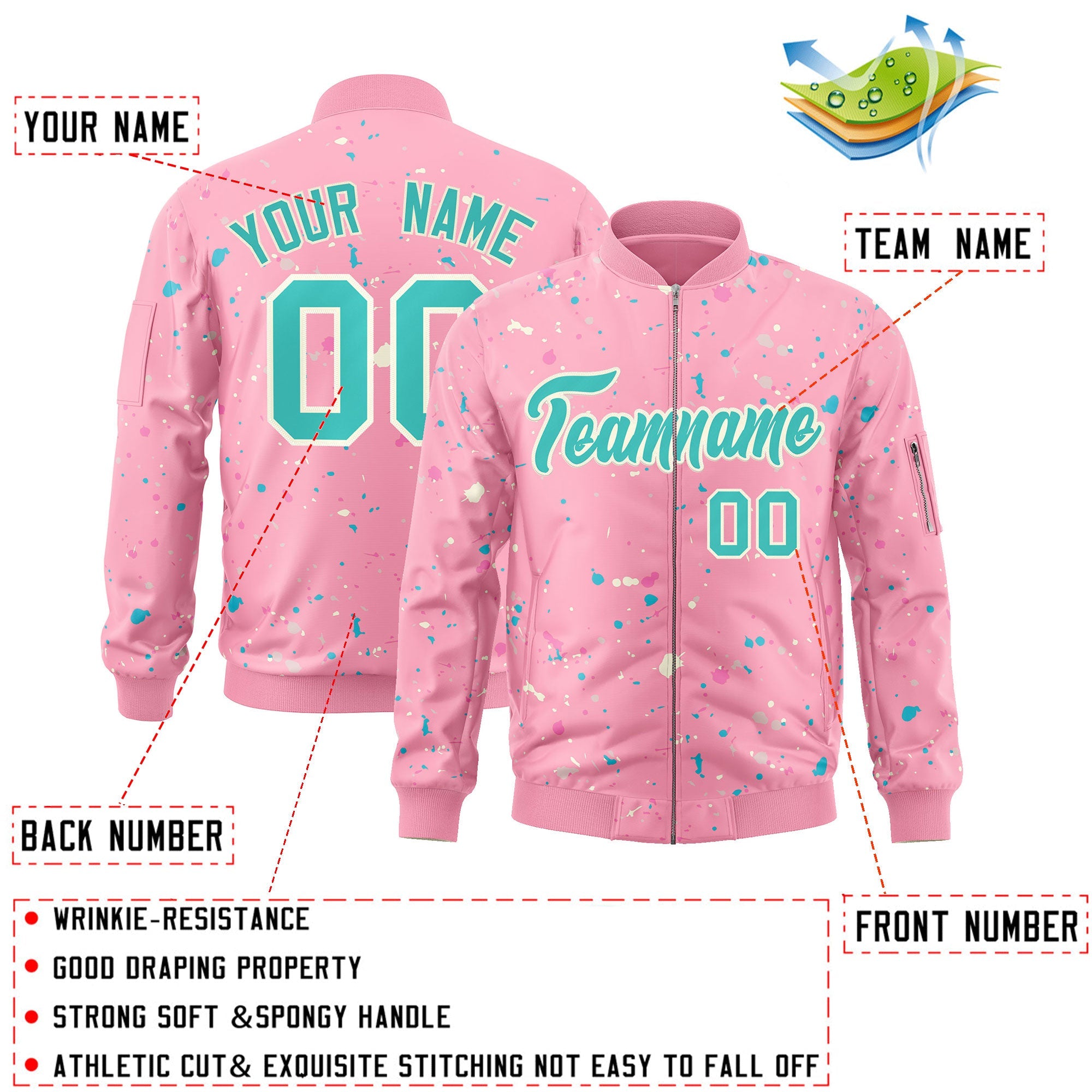 Custom Pink Aqua Varsity Full-Zip Splash Graffiti Pattern Letterman Jacket