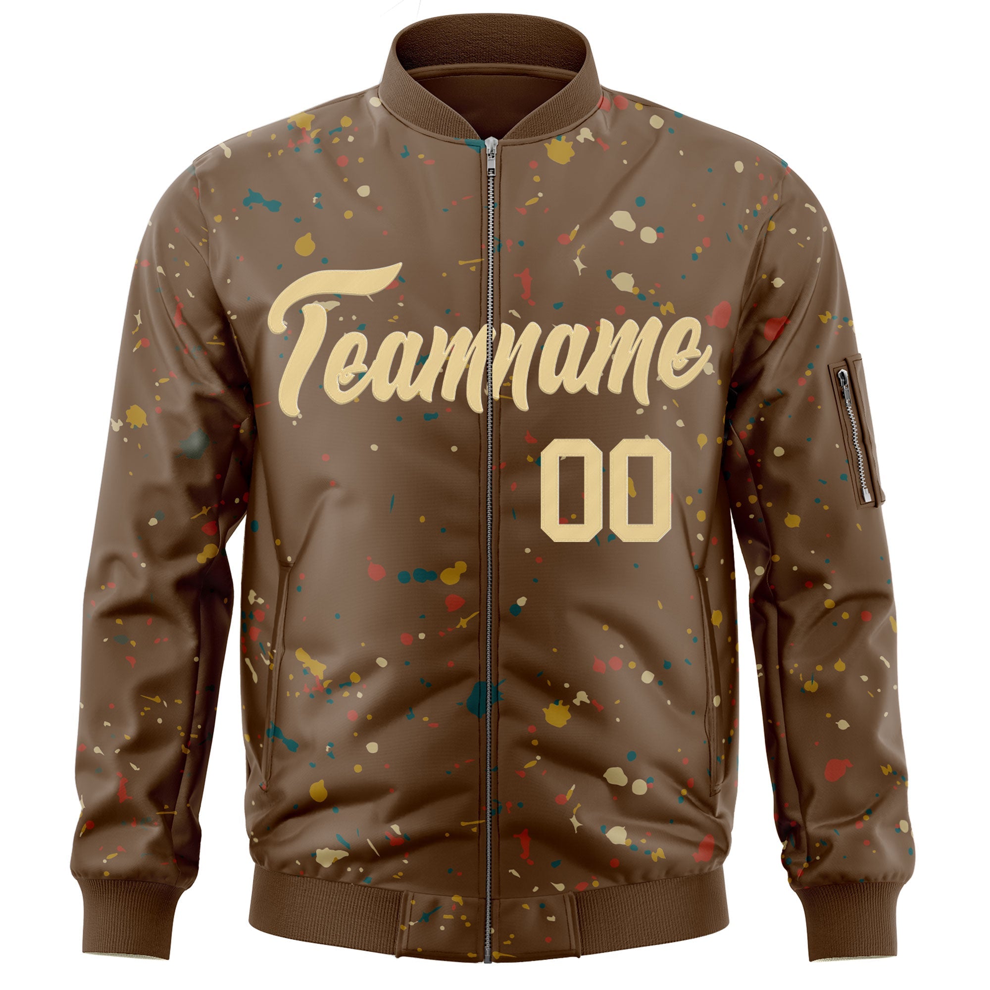 Custom Brown Khaki Varsity Full-Zip Splash Graffiti Pattern Letterman Jacket