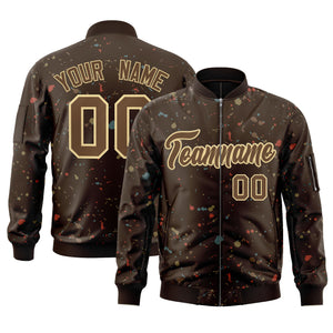 Custom Brown Khaki Varsity Full-Zip Splash Graffiti Pattern Letterman Jacket