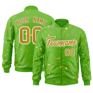 Custom Green Old Gold-White Varsity Full-Zip Splash Graffiti Pattern Letterman Jacket