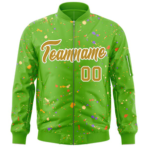 Custom Green Old Gold-White Varsity Full-Zip Splash Graffiti Pattern Letterman Jacket