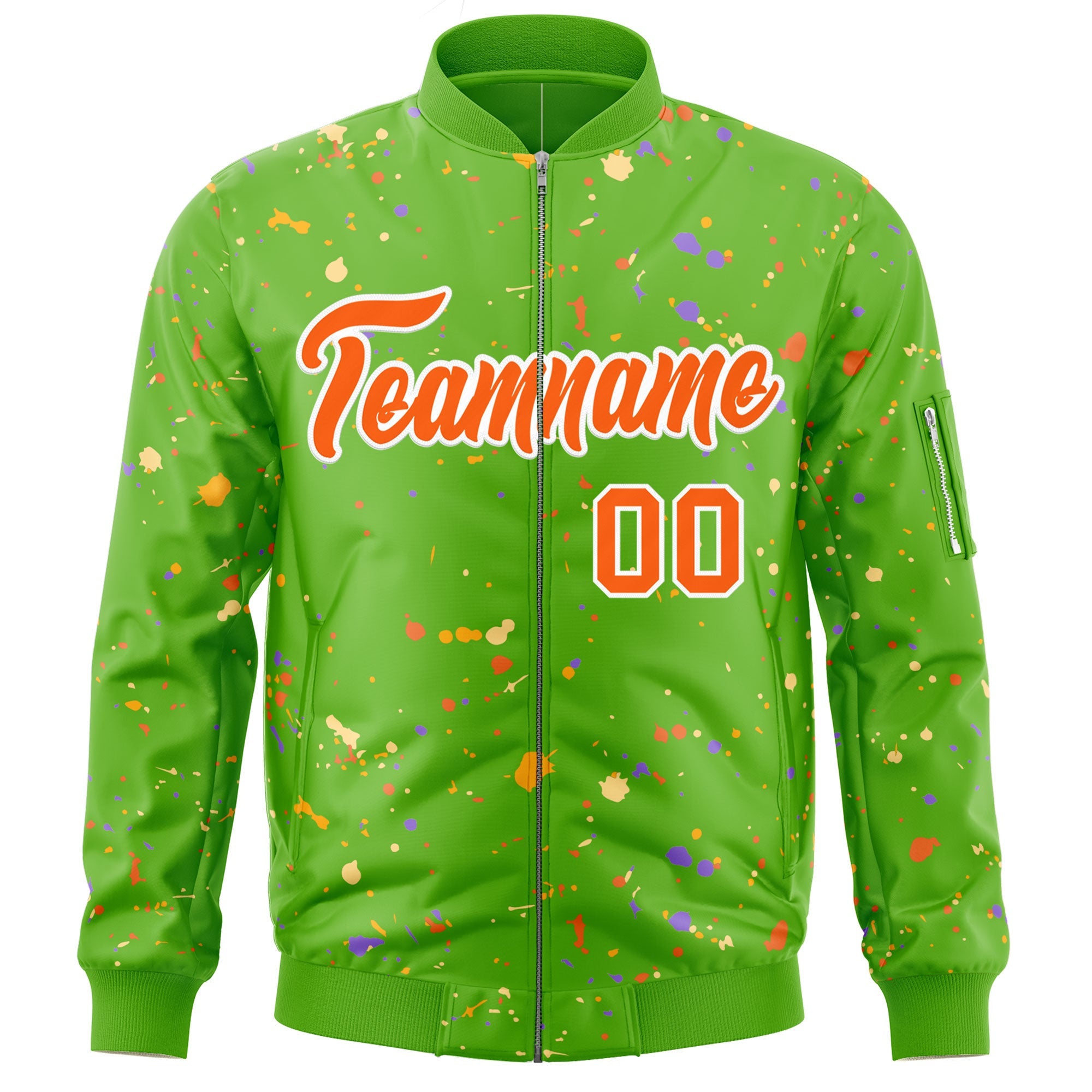 Custom Green Orange-White Varsity Full-Zip Splash Graffiti Pattern Letterman Jacket