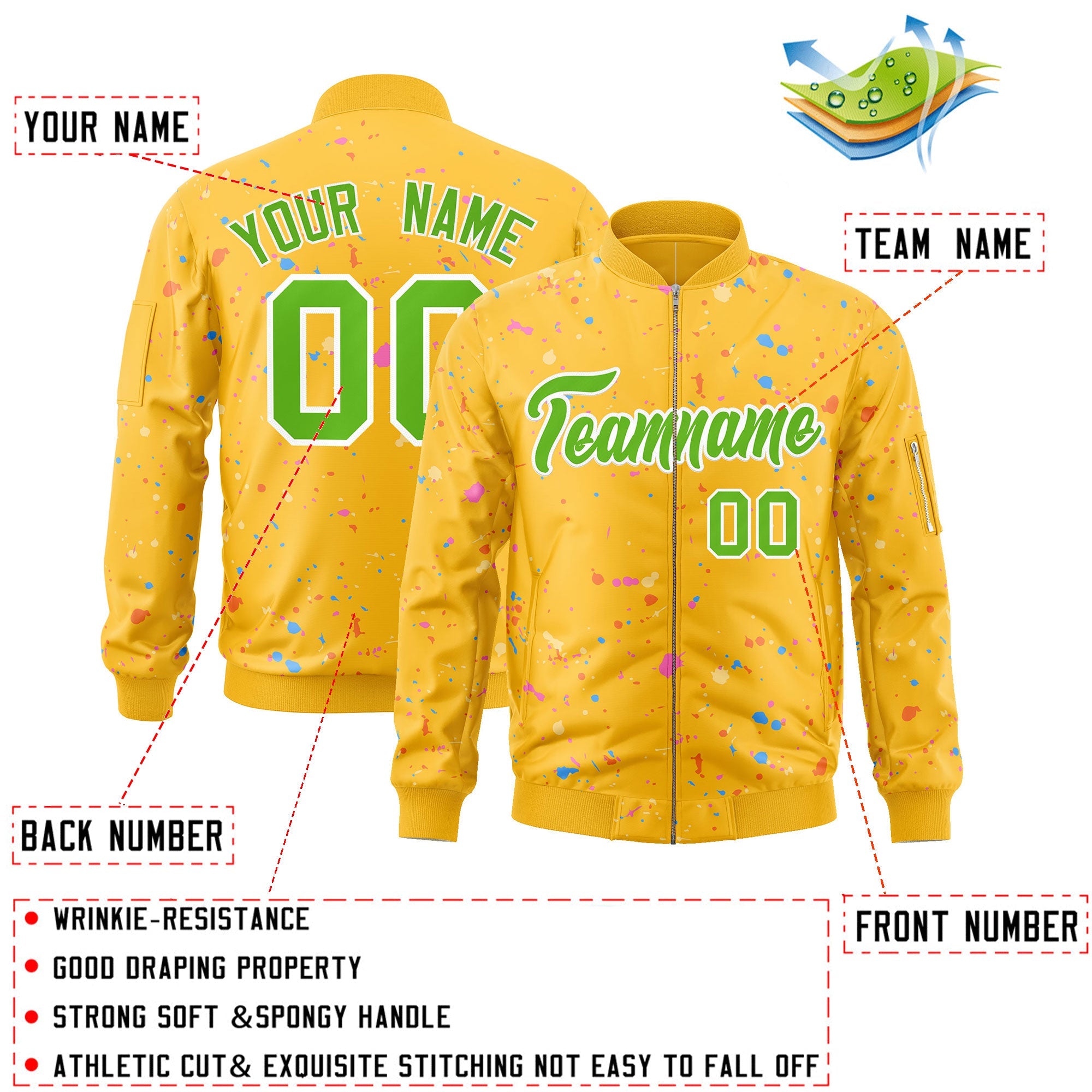 Custom Gold Green-White Varsity Full-Zip Splash Graffiti Pattern Letterman Jacket