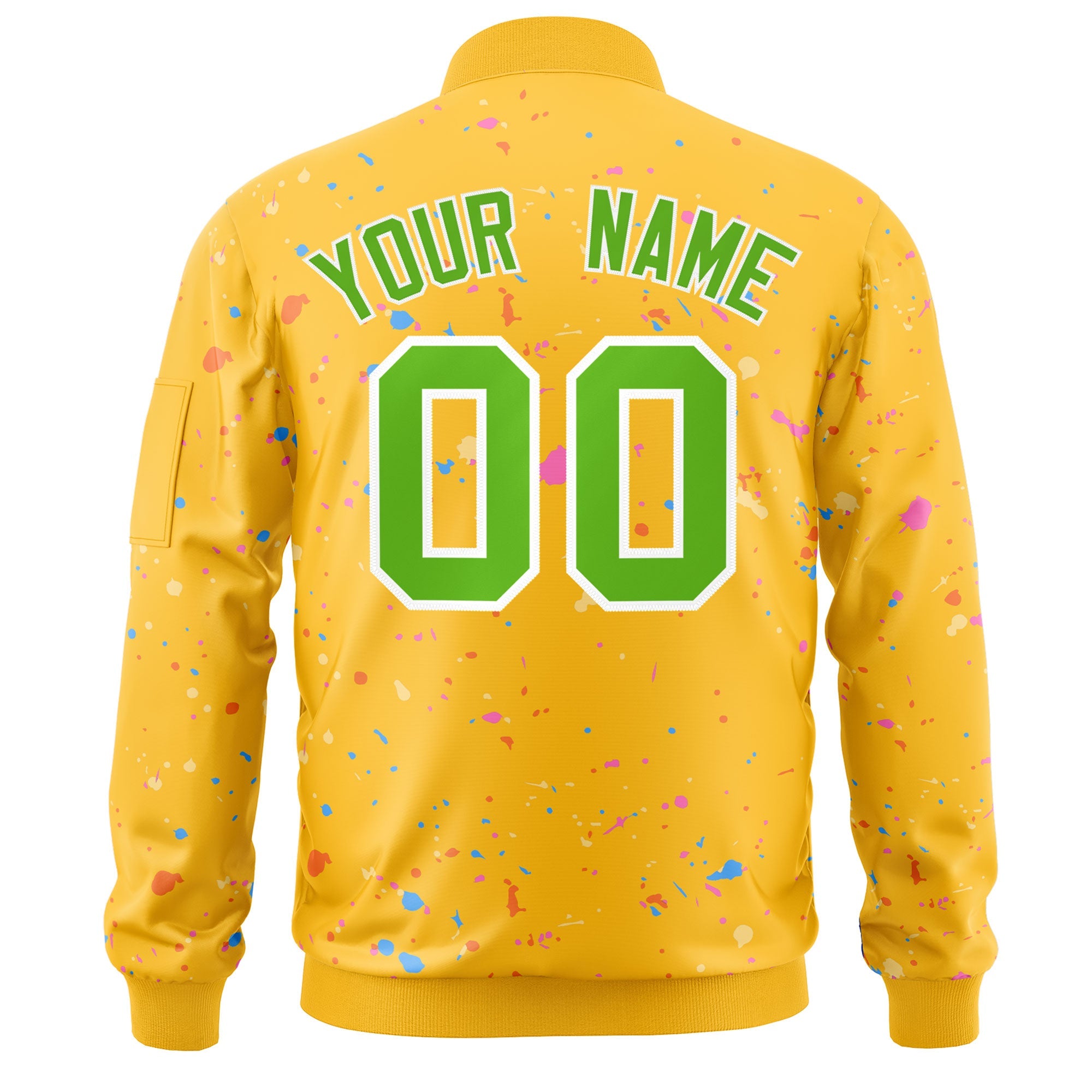 Custom Gold Green-White Varsity Full-Zip Splash Graffiti Pattern Letterman Jacket