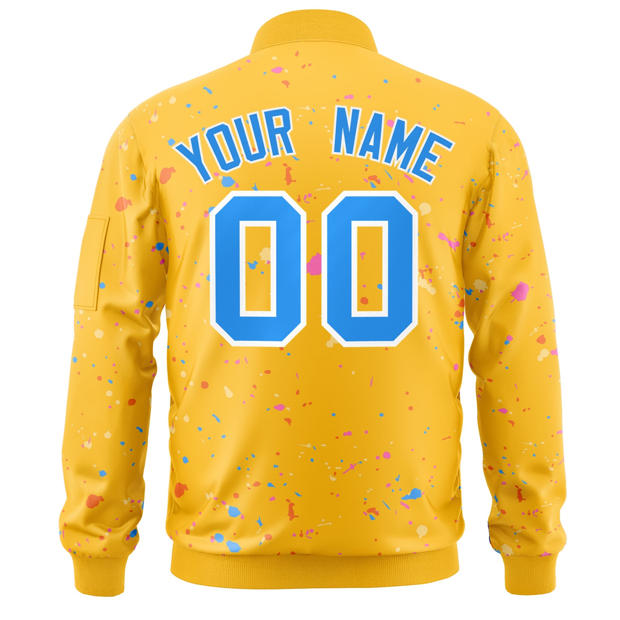 Custom Gold Powder Blue-White Varsity Full-Zip Splash Graffiti Pattern Letterman Jacket