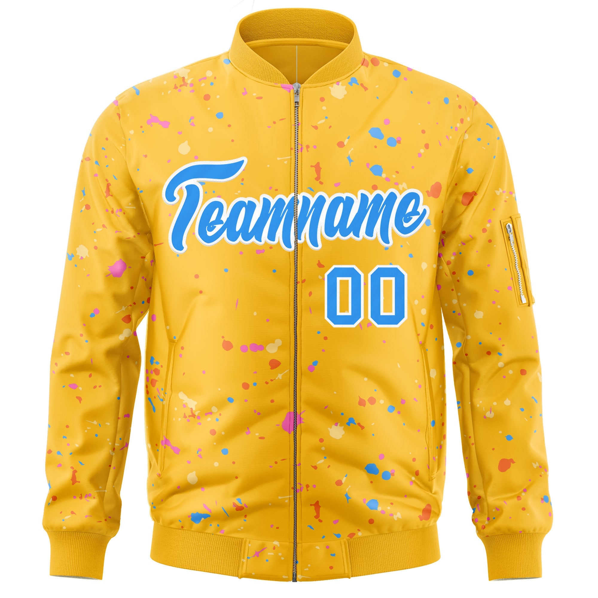 Custom Gold Powder Blue-White Varsity Full-Zip Splash Graffiti Pattern Letterman Jacket