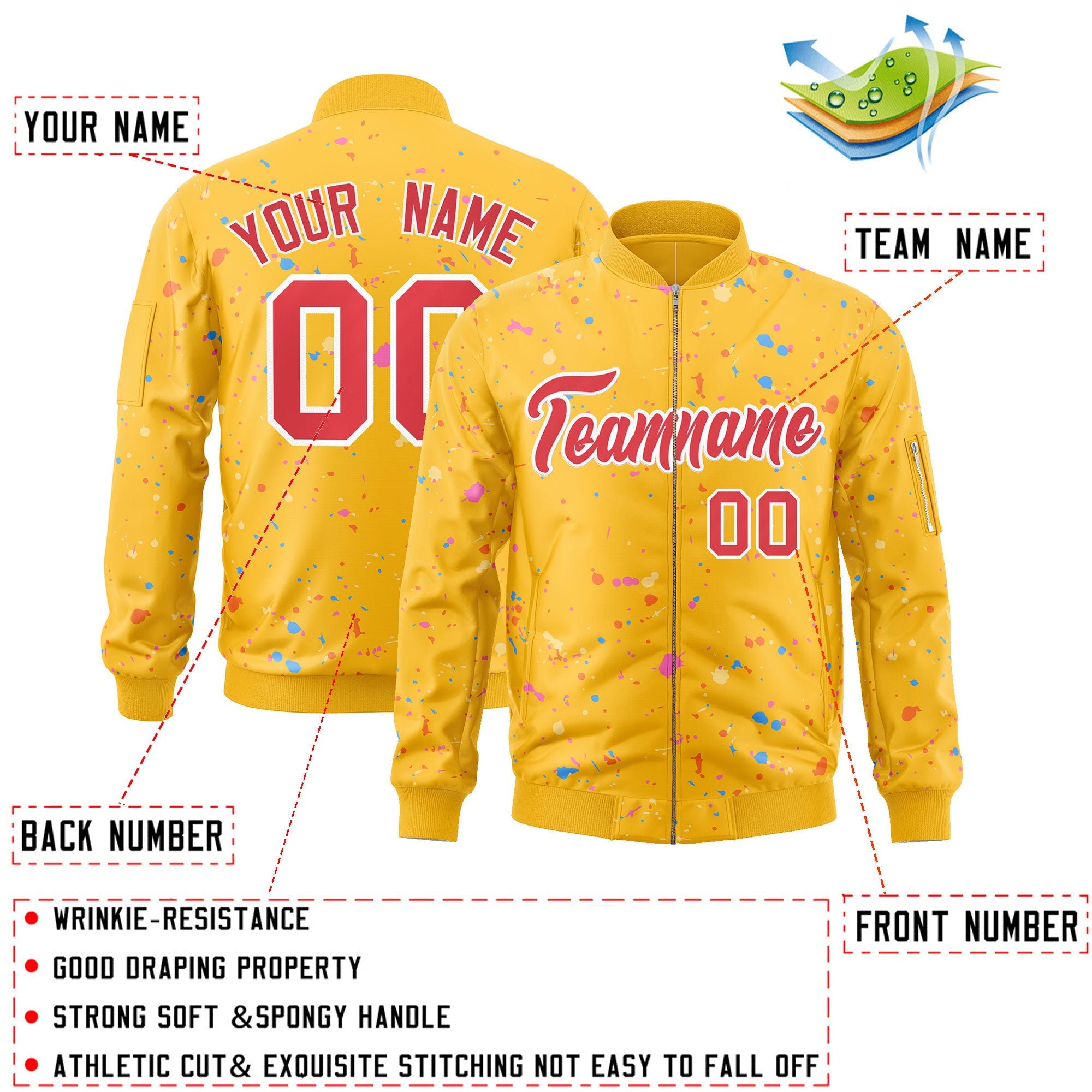 Custom Gold Red-White Varsity Full-Zip Splash Graffiti Pattern Letterman Jacket