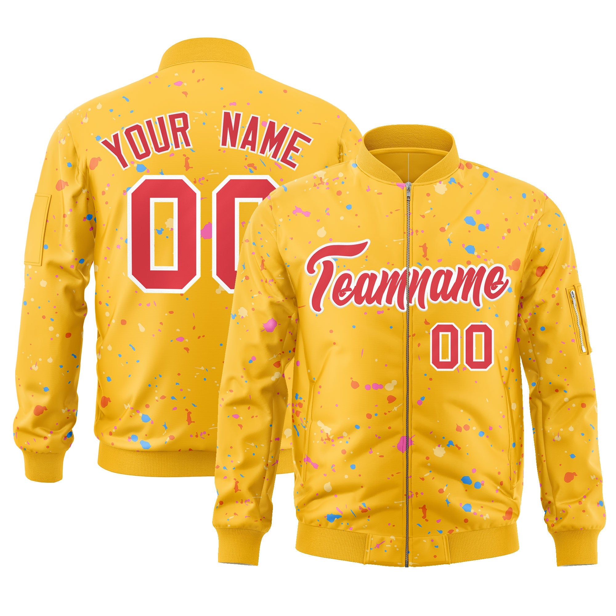 Custom Gold Red-White Varsity Full-Zip Splash Graffiti Pattern Letterman Jacket