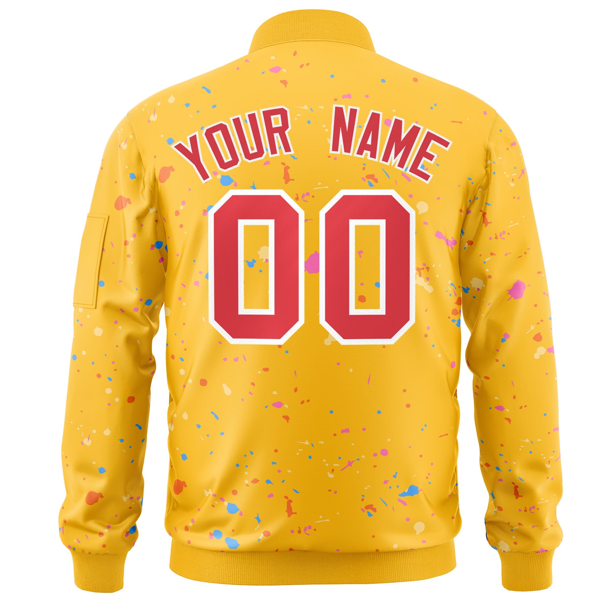 Custom Gold Red-White Varsity Full-Zip Splash Graffiti Pattern Letterman Jacket