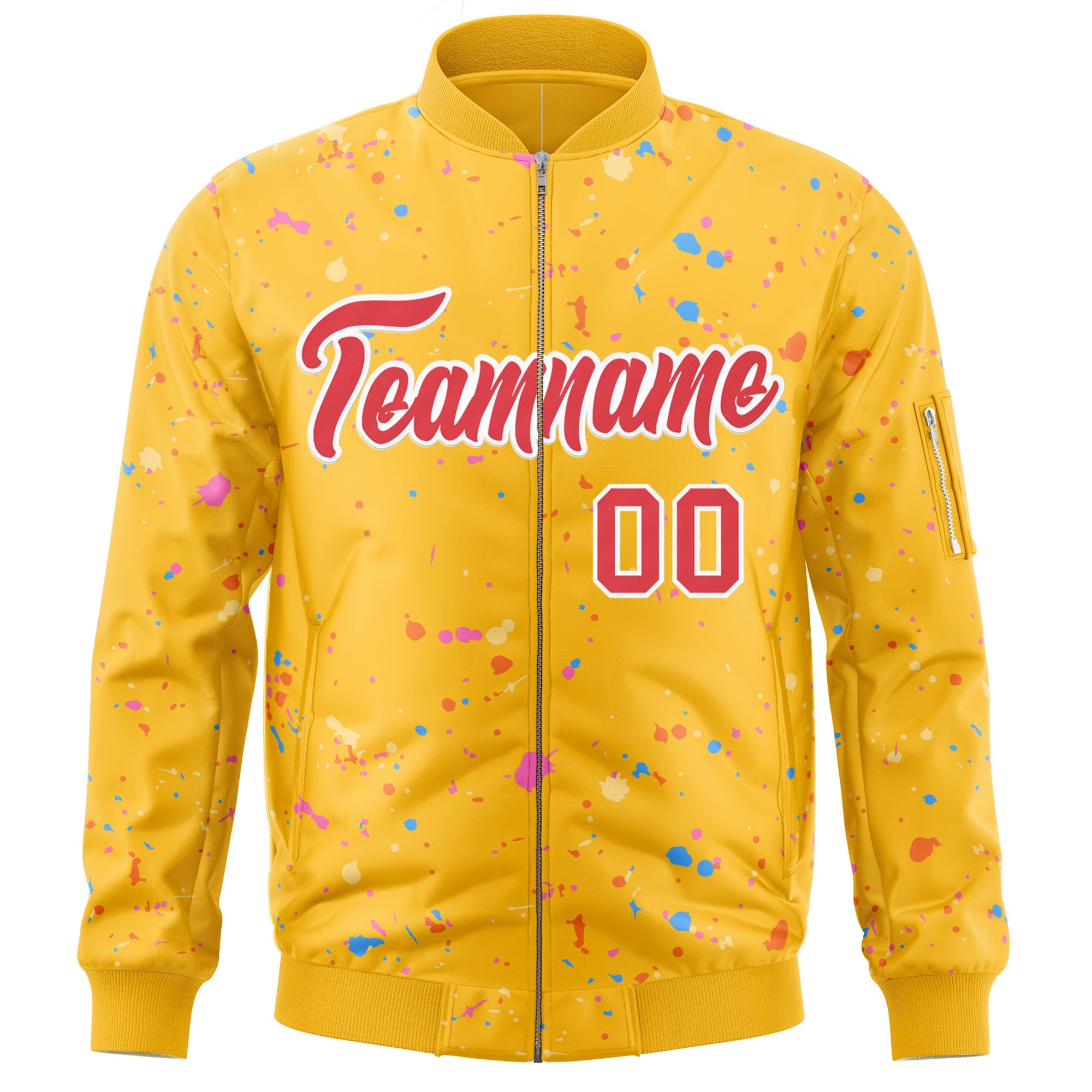 Custom Gold Red-White Varsity Full-Zip Splash Graffiti Pattern Letterman Jacket