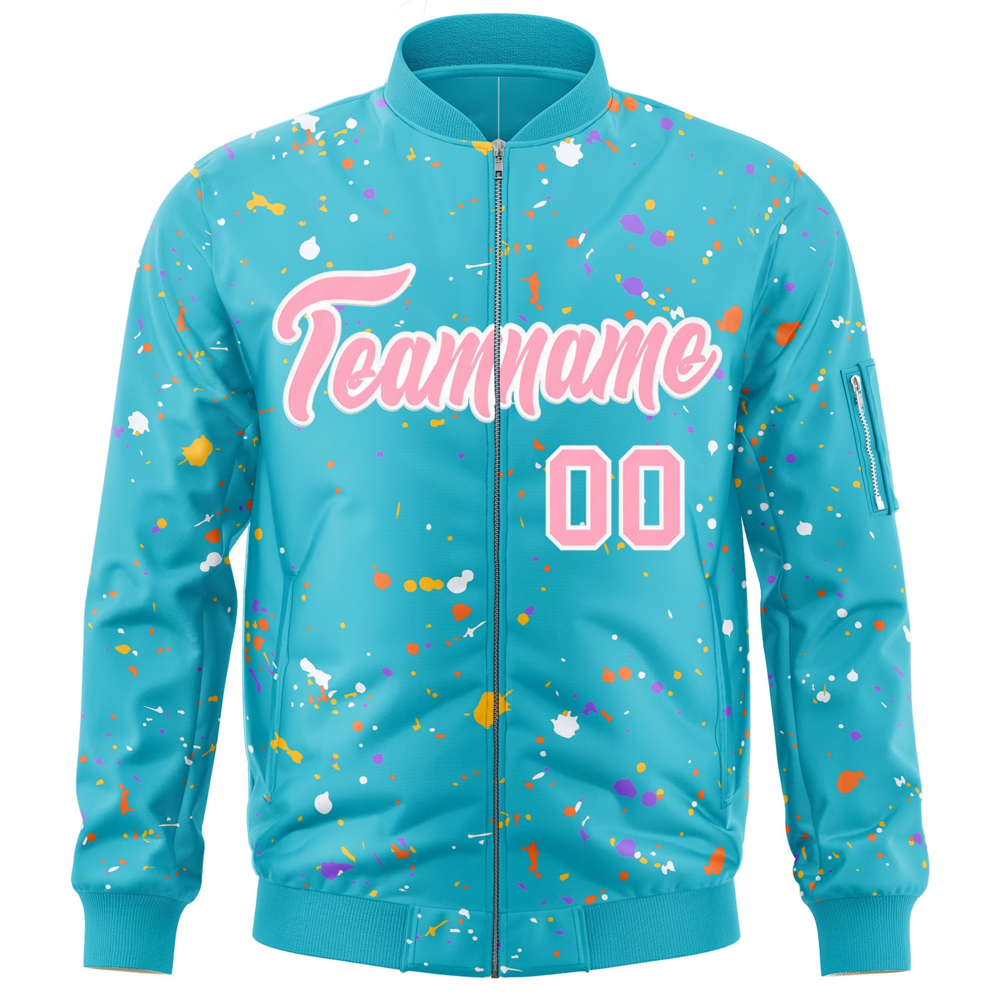 Custom Light Blue Pink-White Varsity Full-Zip Splash Graffiti Pattern Letterman Jacket