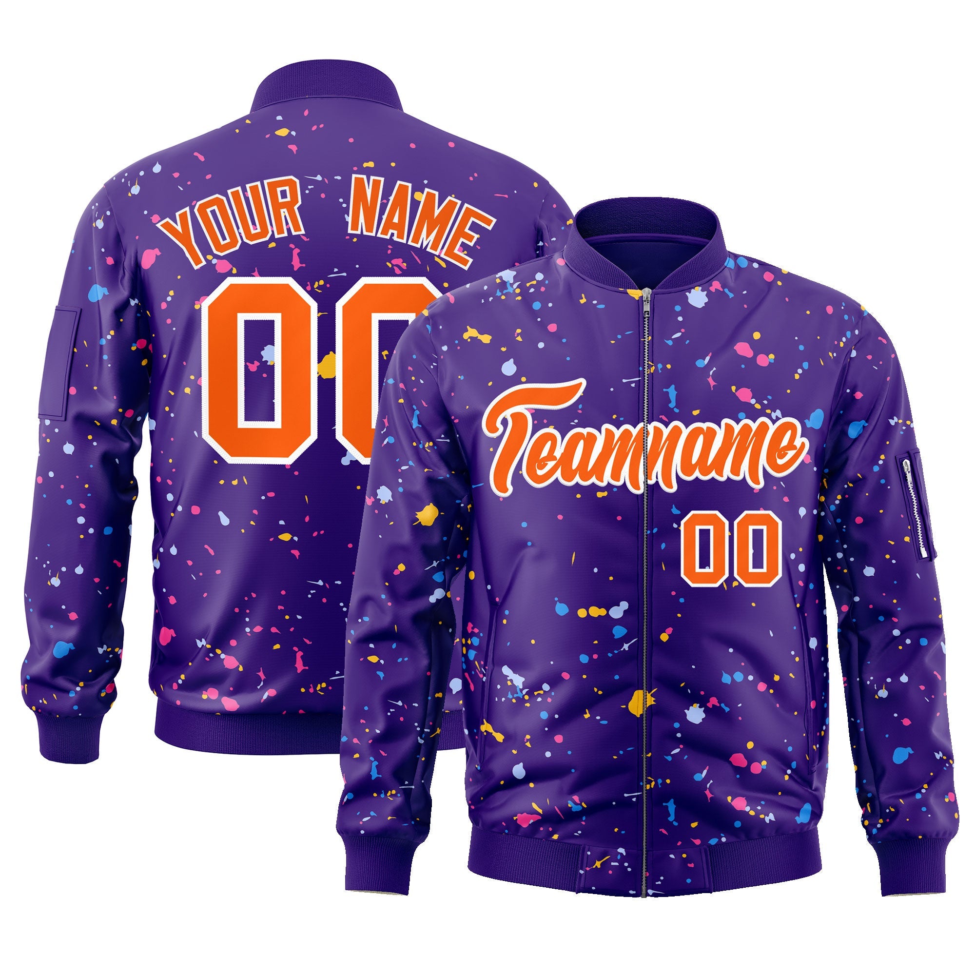 Custom Purple Orange-White Varsity Full-Zip Splash Graffiti Pattern Letterman Jacket