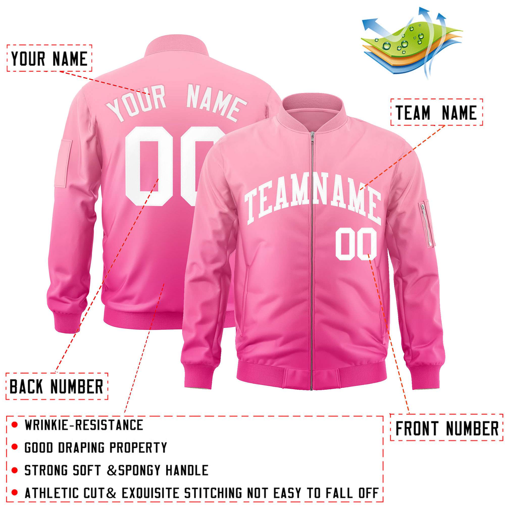 Custom Pink White Varsity Full-Zip Gradient Fashion Letterman Bomber Jacket