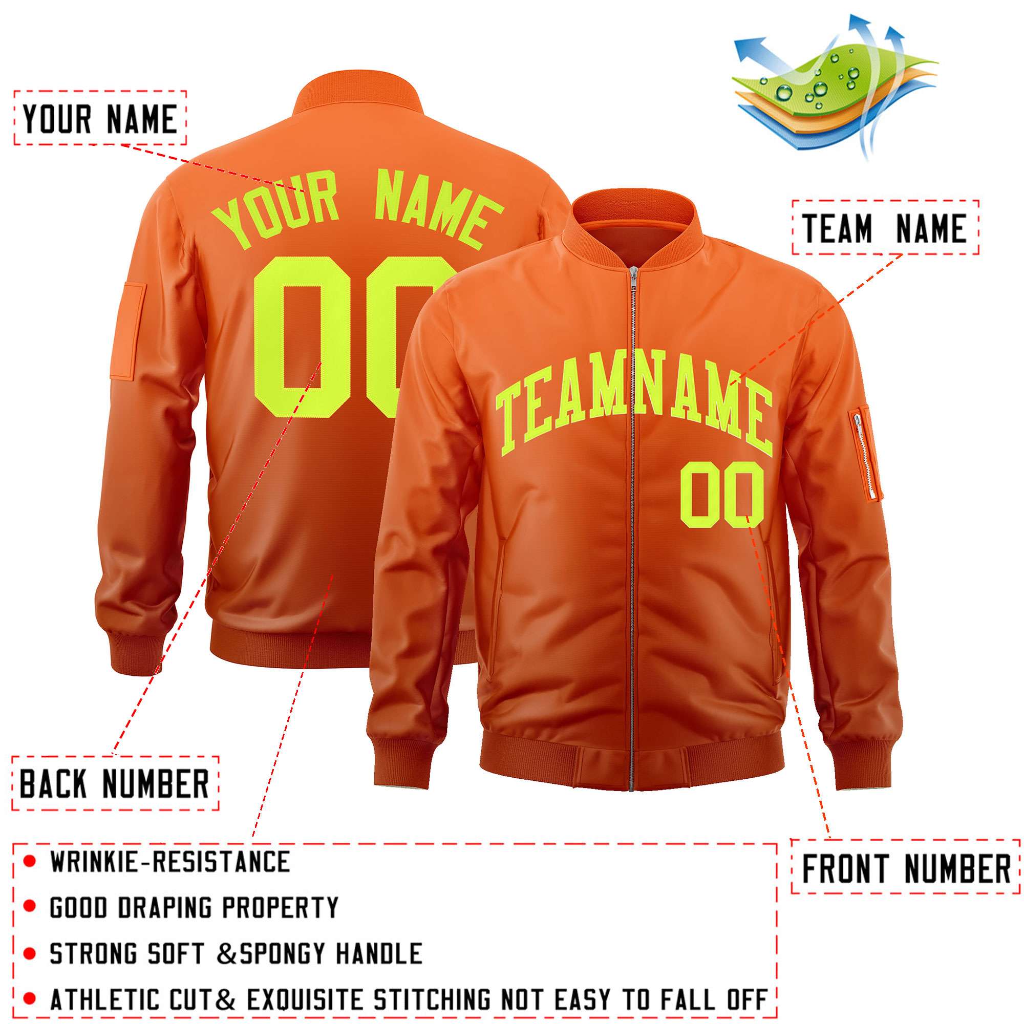 Custom Orange Neon Green Varsity Full-Zip Gradient Fashion Letterman Bomber Jacket