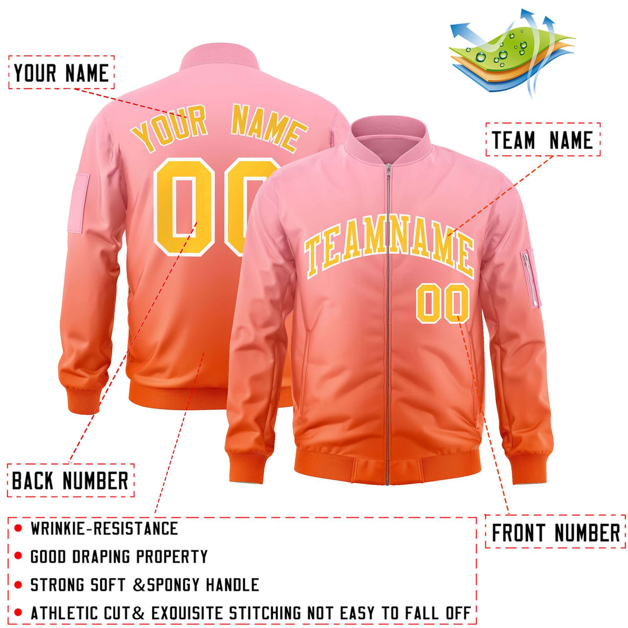 Custom Pink Orange-Gold Varsity Full-Zip Gradient Fashion Letterman Bomber Jacket