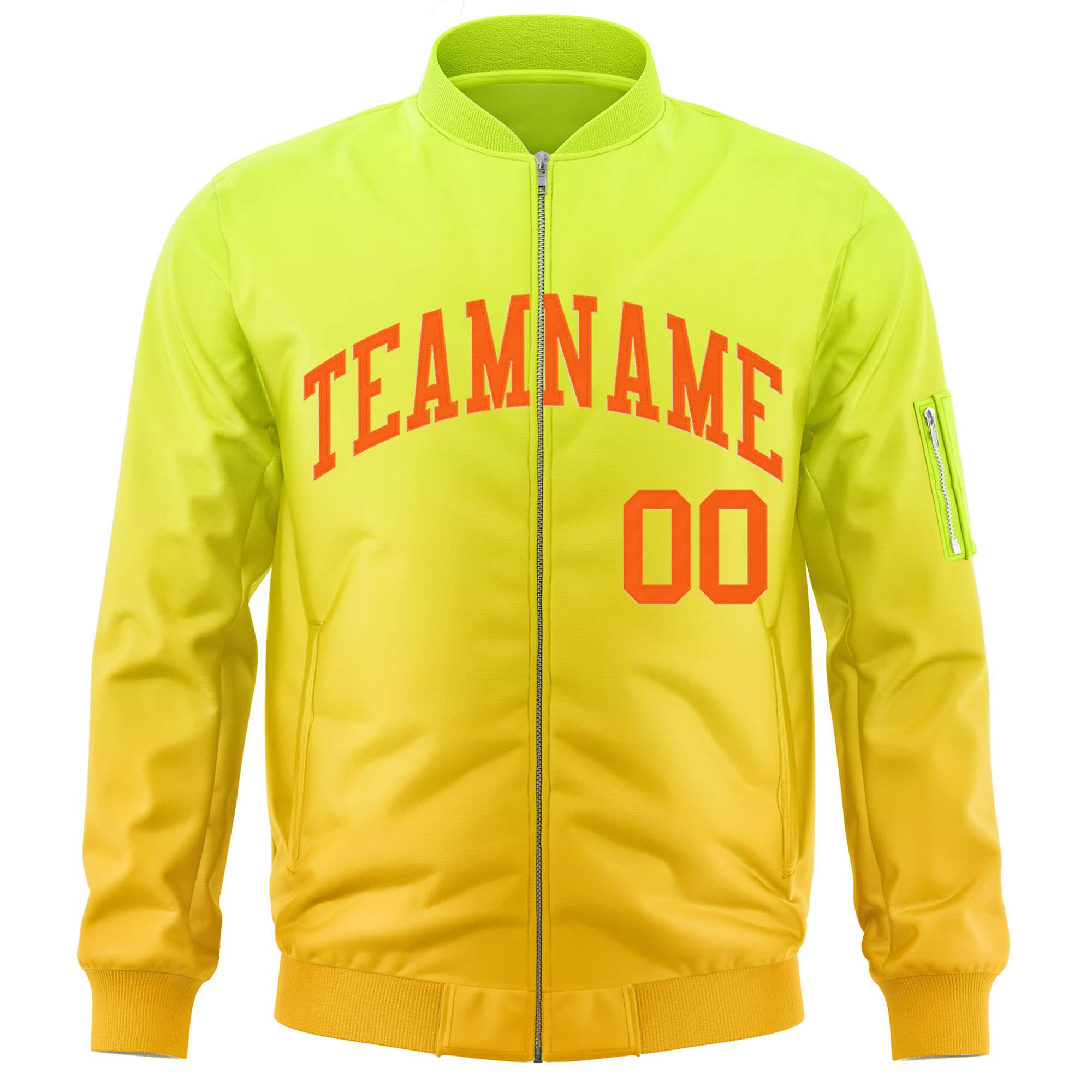 Custom Neon Green Gold-Orange Varsity Full-Zip Gradient Fashion Letterman Bomber Jacket