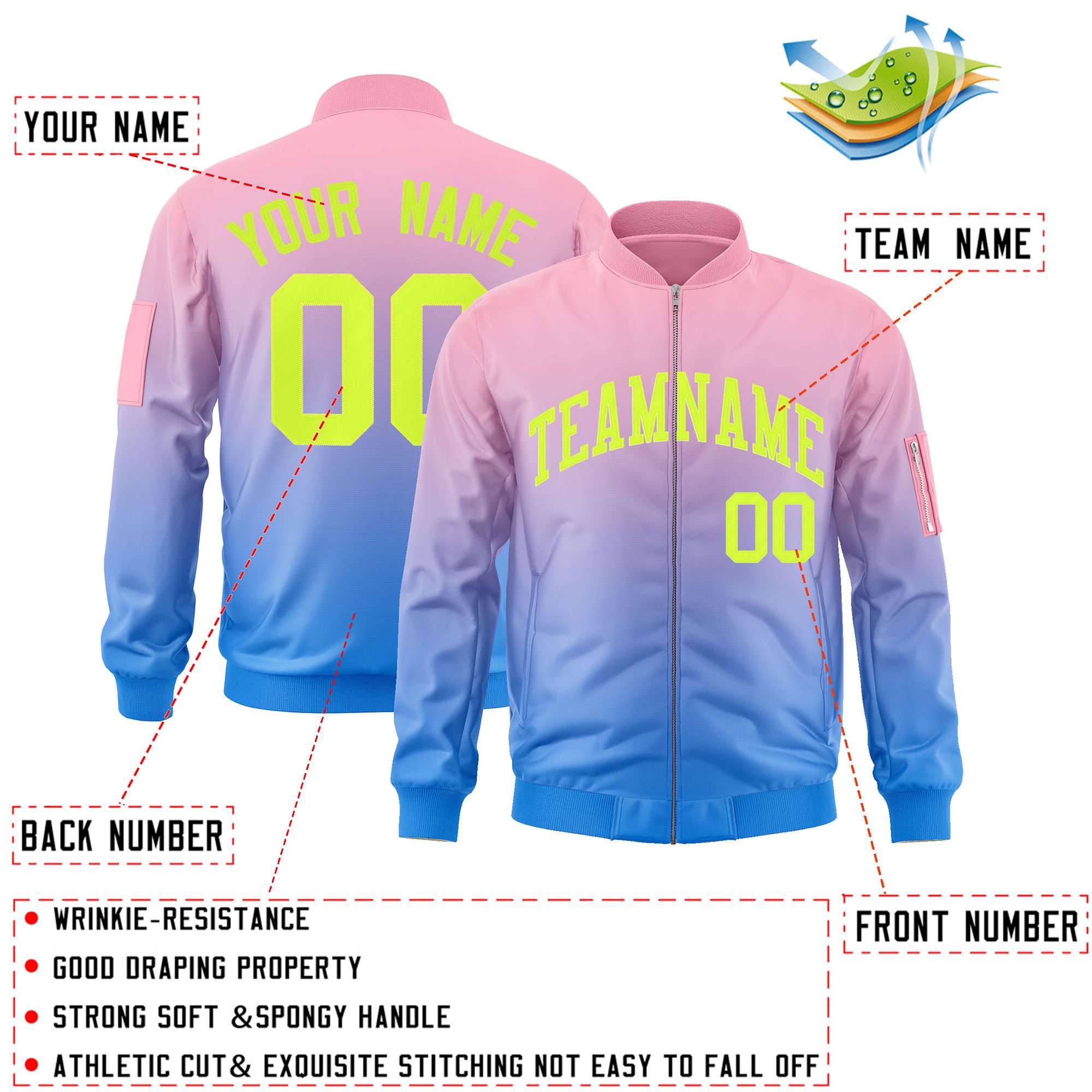 Custom Pink Powder Blue-Neon Green Varsity Full-Zip Gradient Fashion Letterman Bomber Jacket