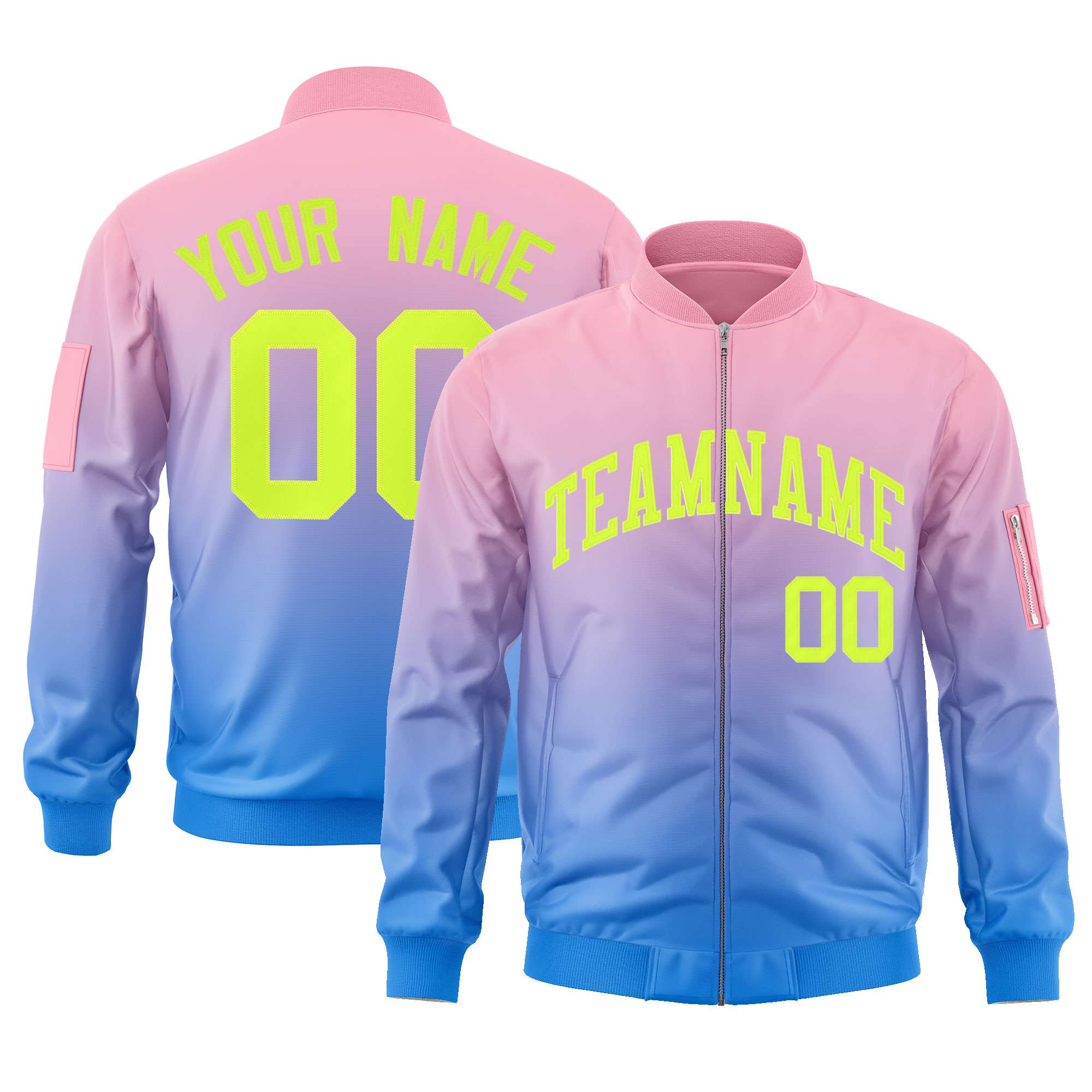 Custom Pink Powder Blue-Neon Green Varsity Full-Zip Gradient Fashion Letterman Bomber Jacket