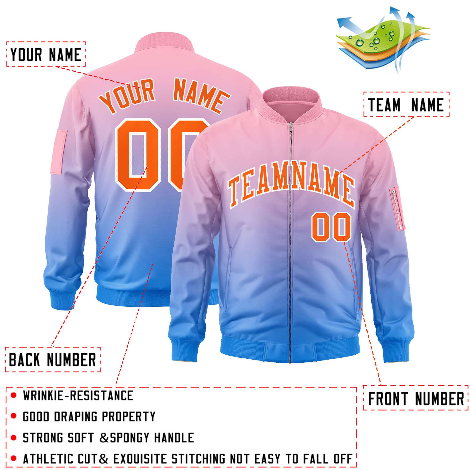 Custom Pink Powder Blue-Orange Varsity Full-Zip Gradient Fashion Letterman Bomber Jacket