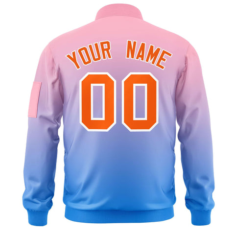 Custom Pink Powder Blue-Orange Varsity Full-Zip Gradient Fashion Letterman Bomber Jacket