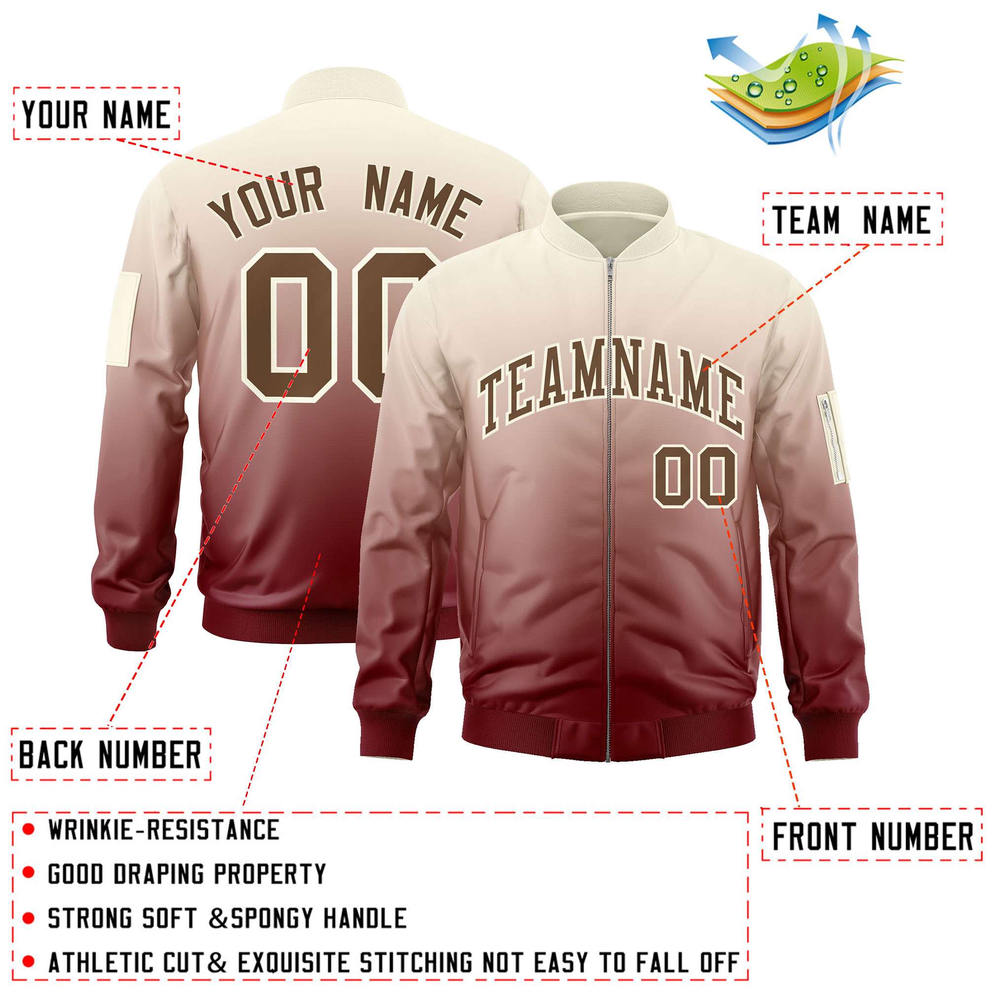 Custom Cream Crimson-Brown Varsity Full-Zip Gradient Fashion Letterman Bomber Jacket