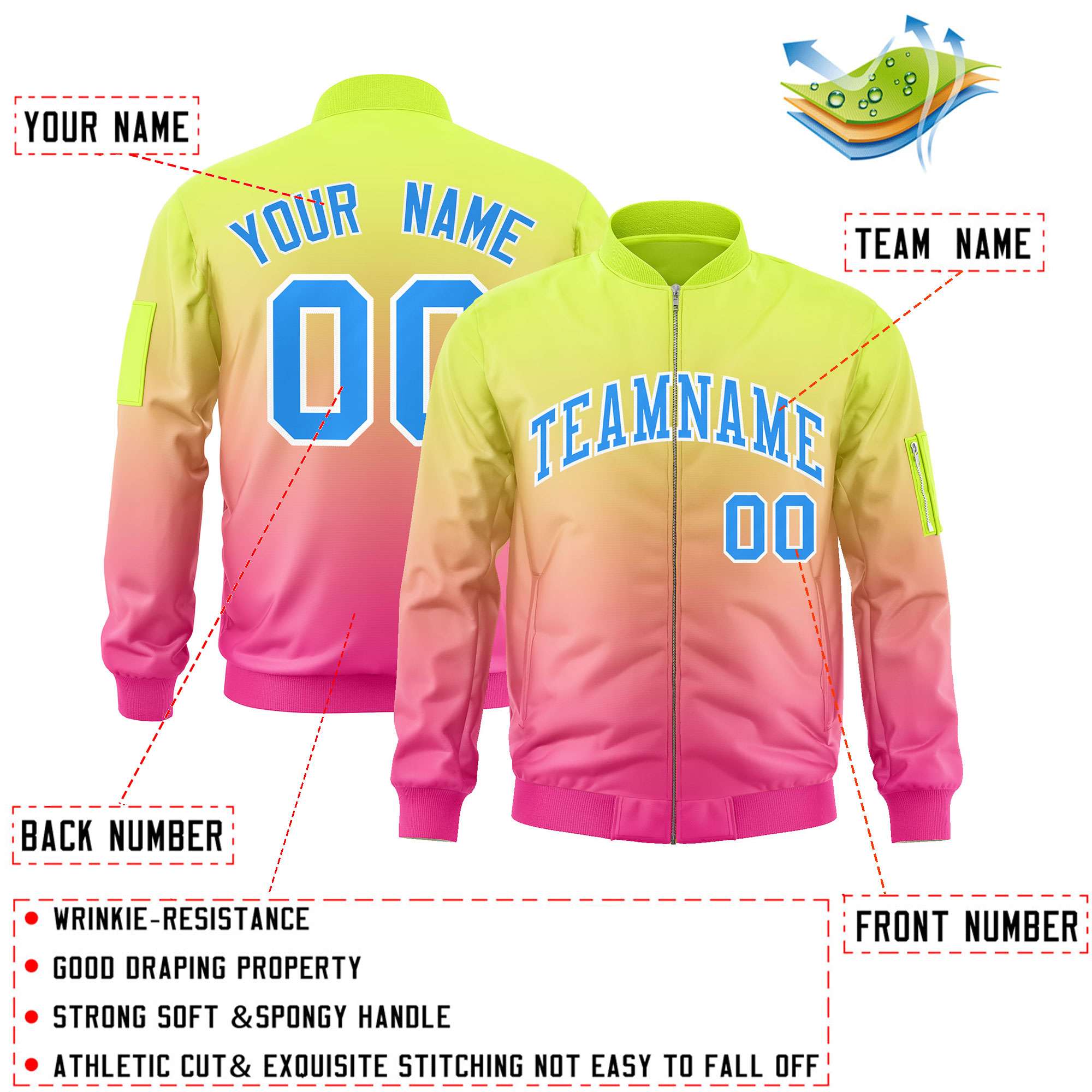 Custom Neon Green Pink-Powder Blue Varsity Full-Zip Gradient Fashion Letterman Bomber Jacket